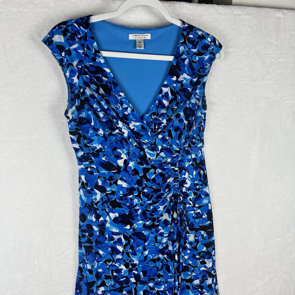 London Style Size 6 Blue Abstract Ruched V-Neck Sheath Dress Cap Sleeve
